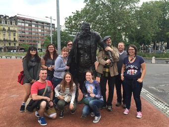 Students around Frankenstein statue