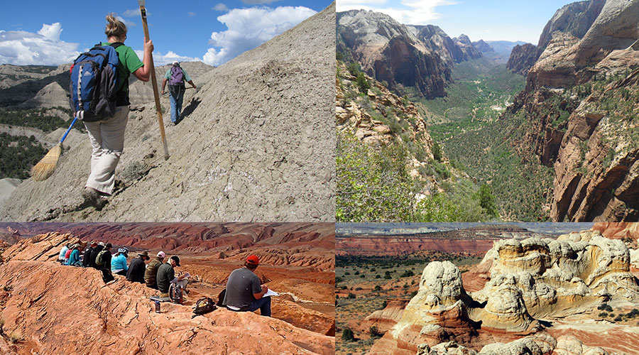 Four photos of people hiking and beautiful landscapes.